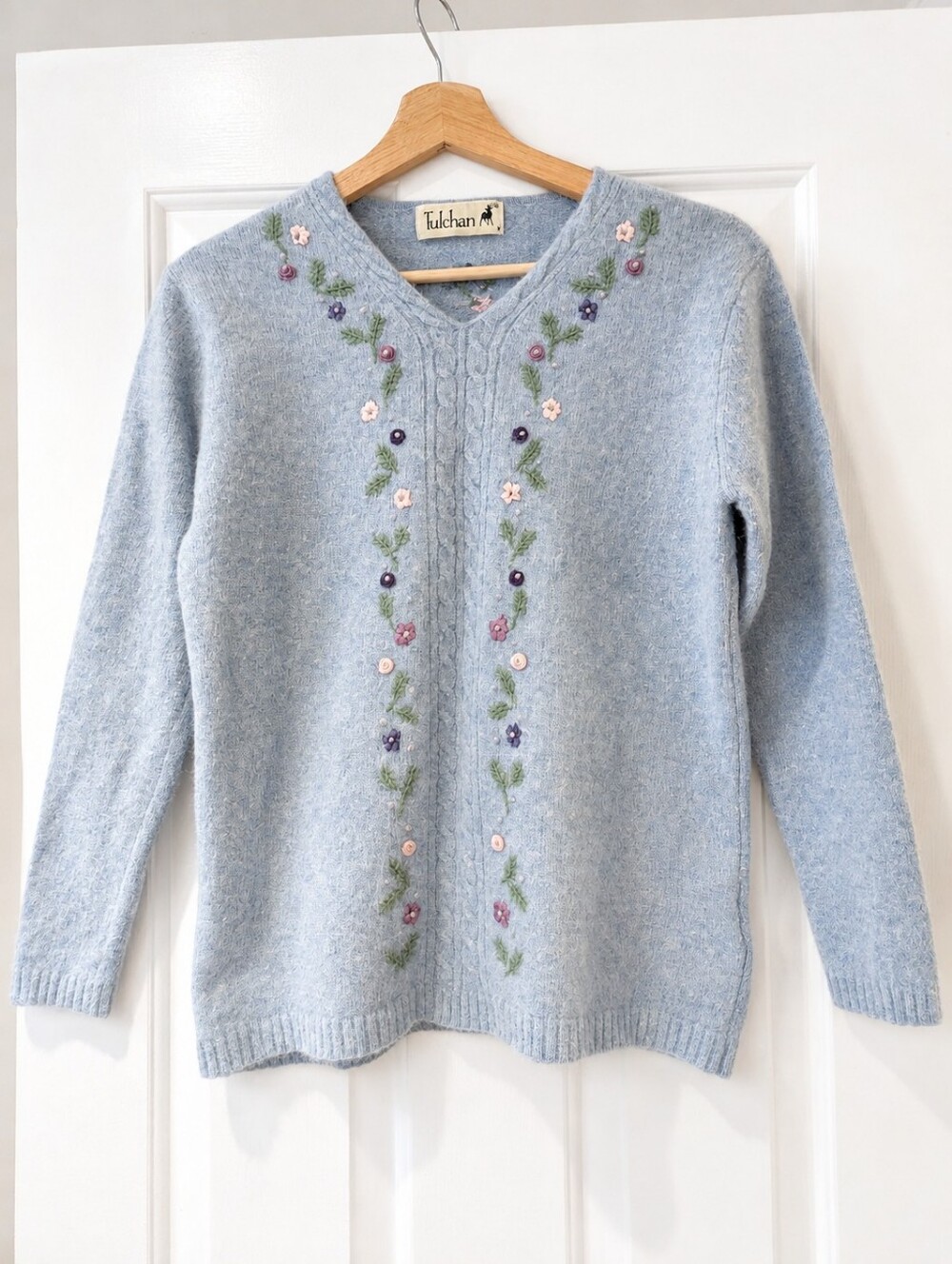 Vintage 90s Y2K Cottagecore Sweater Angora Wool Blue V Neck Floral Embroidered S